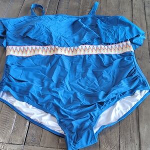 Blue One-Piece Swimsuit with Zigzag Detail